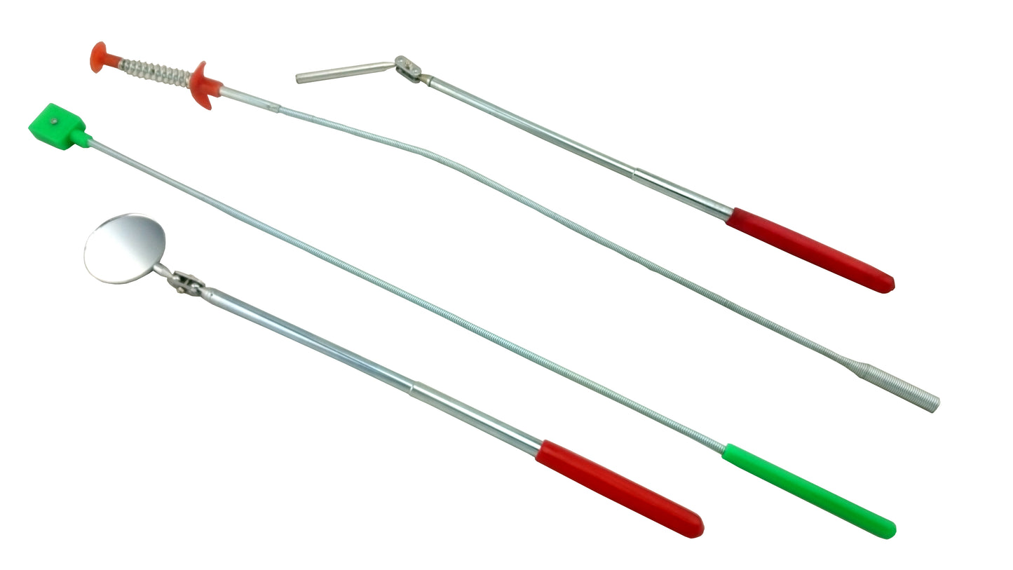 A set of magnetic, spring-loaded pick-up claw and articulated mirror for picking up dropped small parts or inspecting components in hard to reach places.