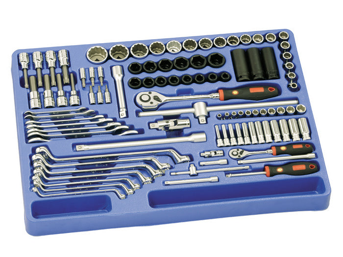 A comprehensive tool kit containing 1/4" and 1/2" socketry, spanners and ratchets. Presented in a blue plastic storage tray.