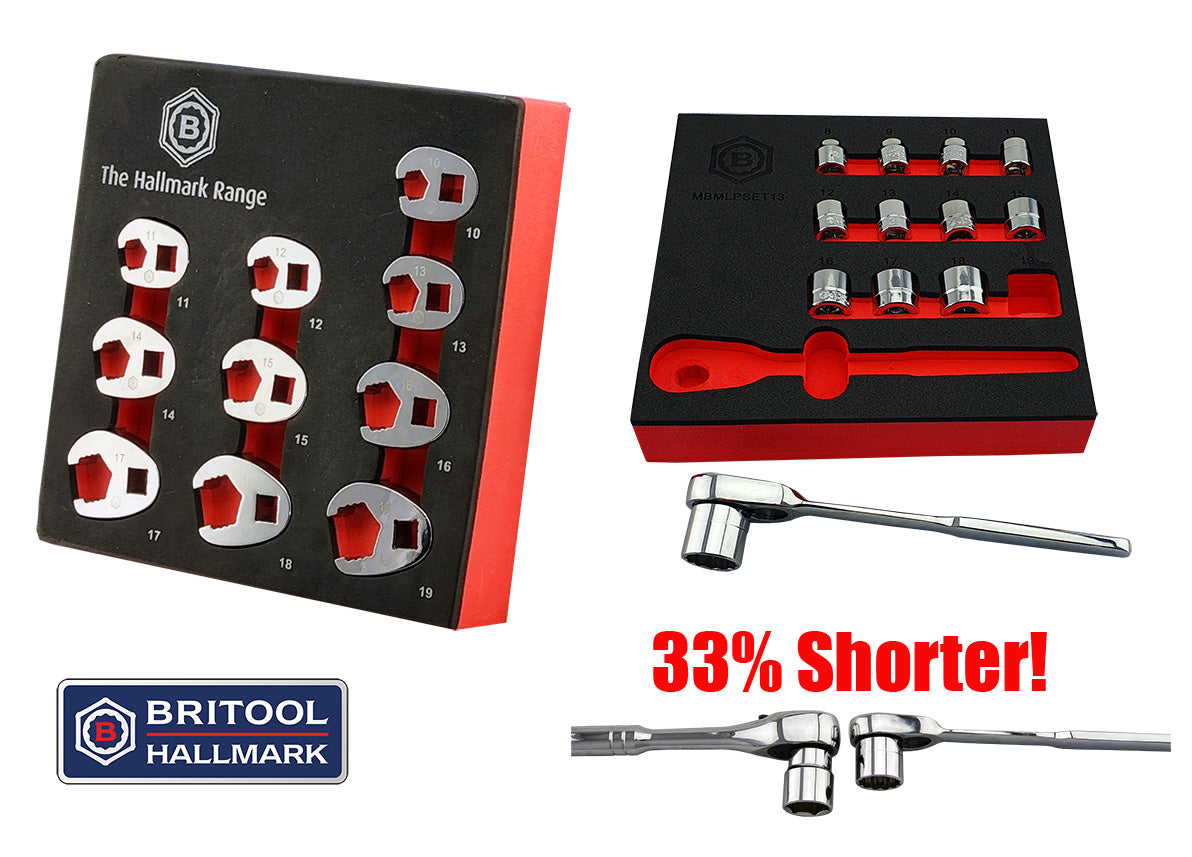 3/8" Drive Crow's Foot Spanner Set 10-19mm + Low Profile Socket & Ratchet Set Britool Hallmark
