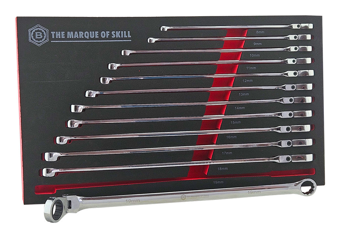 12Pc Extra-Long Flexi Ring Ratchet Spanner Set - Britool Hallmark