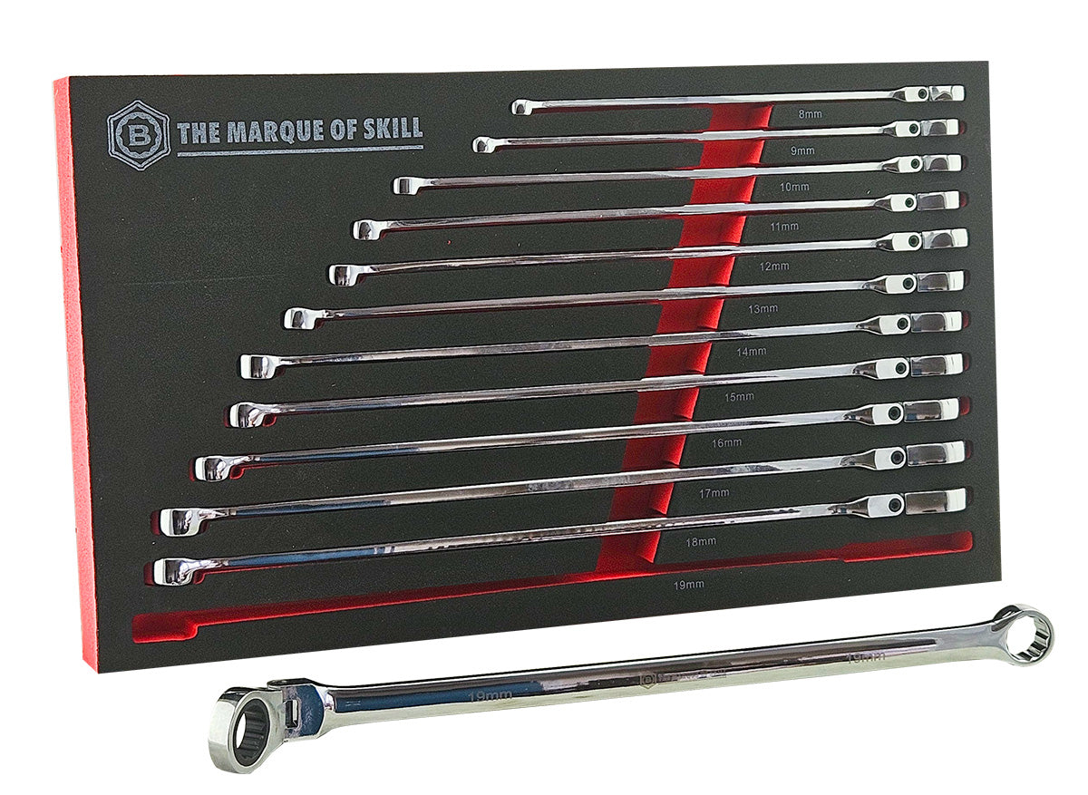 12Pc Extra-Long Flexi Ring Ratchet Spanner Set - Britool Hallmark