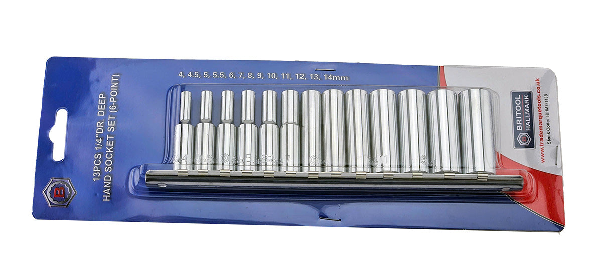 Britool 1/4" Drive Standard & Deep Socket Sets 4-14mm + Extension Bar Set