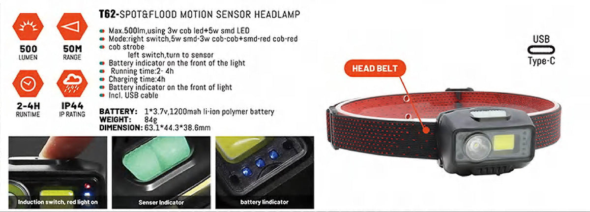 Multifunction Rechargeable Head Torch 500 Lumens