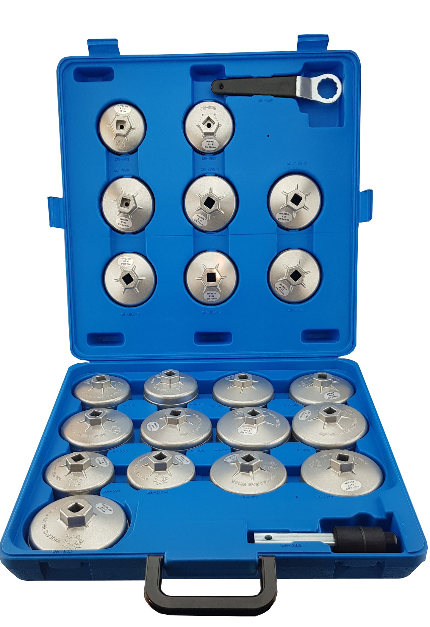 x21 silver aluminium oil filter sockets, suitable for most common vehicles, plus wrench and oil filter strap tool. Supplied in blue storage case.