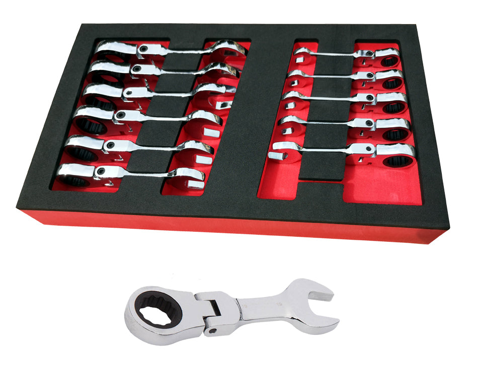 12PC SHORT FLEXI RATCHET SPANNER WRENCH SET, STUBBY DESIGN 8-19MM