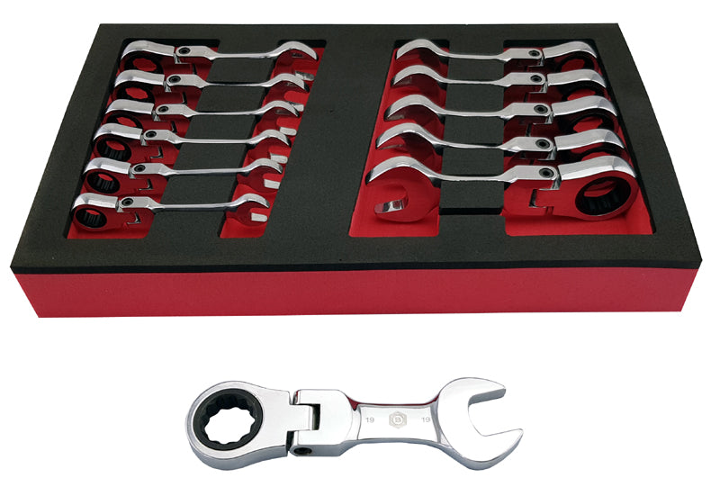 12PC SHORT FLEXI RATCHET SPANNER WRENCH SET, STUBBY DESIGN 8-19MM