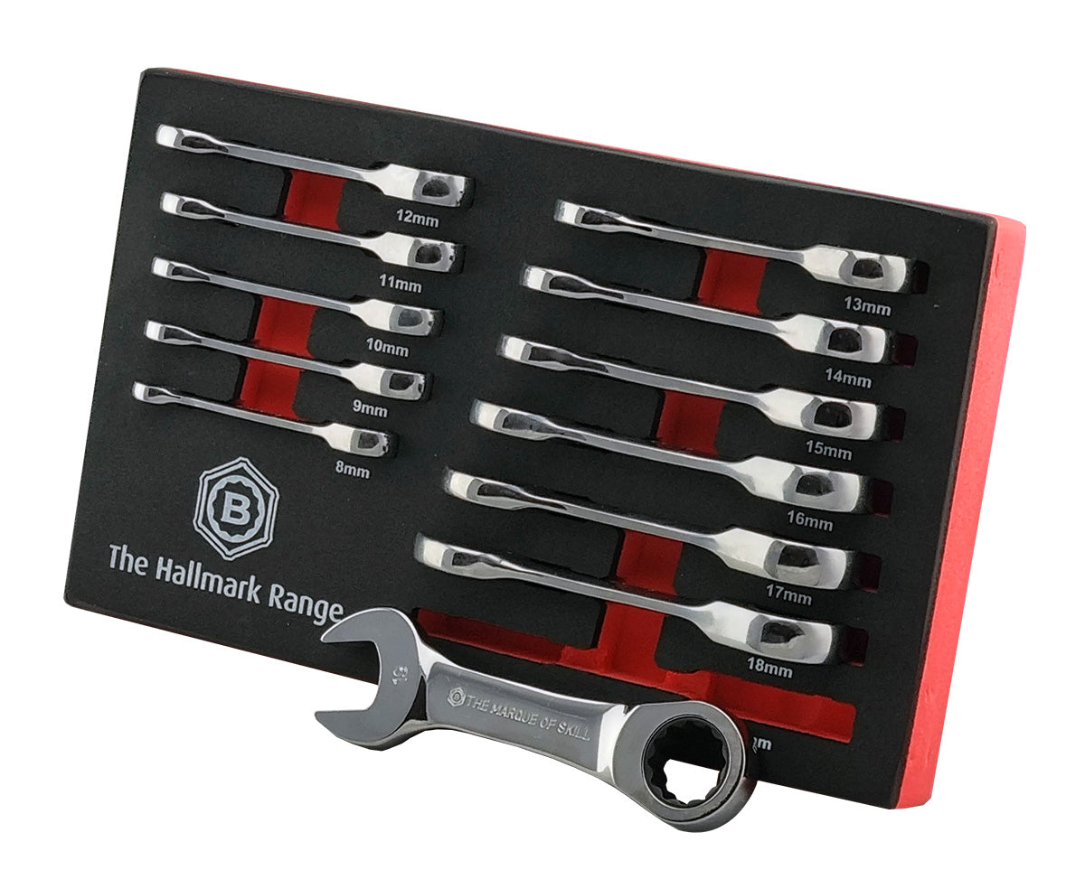 12pc Stubby Ratchet Spanner Set 8-19mm - Britool Hallmark