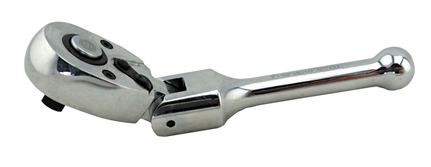 A chrome stubby ratchet head with a flex-head design, featuring a safety socket release button and a 1/4 inch drive.