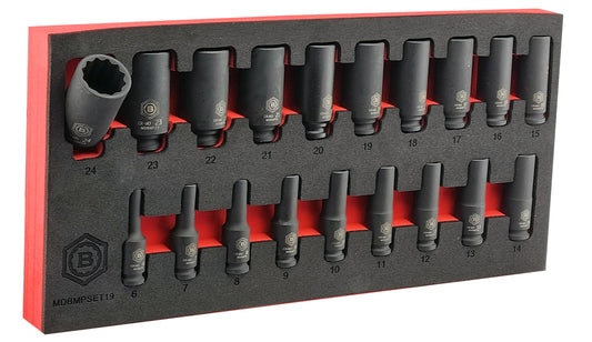 A set of Britool deep black impact sockets with 12-point profile. The set contains 19 sizes from 6mm to 24mm. Presented in a red and black EVA tool control foam tray for easy and secure storage.