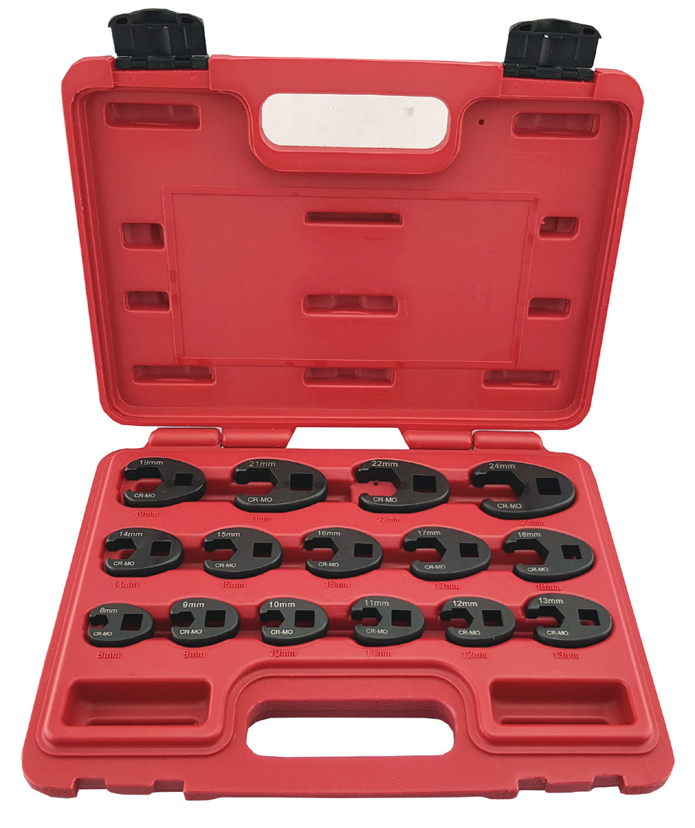 15 piece black crow's foot spanner set for limited access applications. Supplied in red plastic storage case.