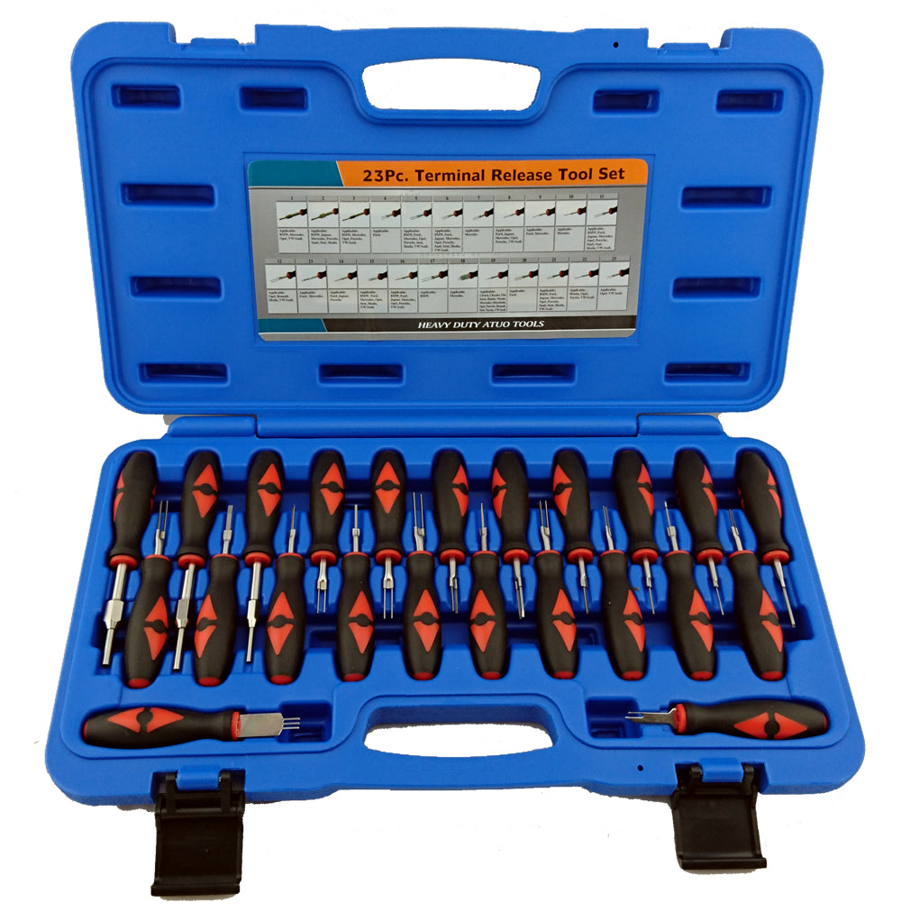 A set of 23 special tools for releasing electrical terminals on vehicles. Each tool has a soft grip red and black handle. Supplied in a blue plastic storage case.
