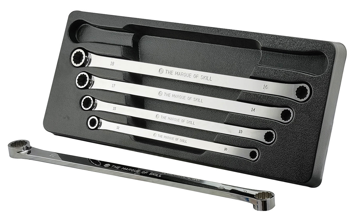A Britool set of 5 flat, extra-long double ring spanners from sizes 10-22mm. Presented in a black plastic tray.