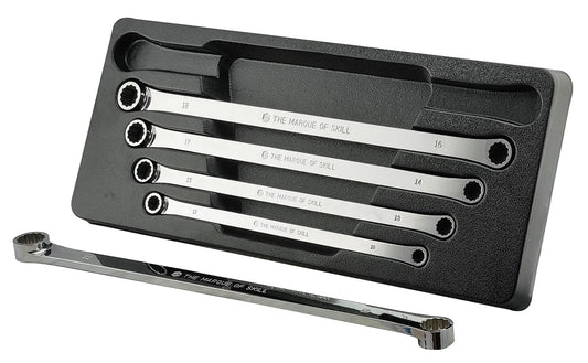 A Britool set of 5 flat, extra-long double ring spanners from sizes 10-22mm. Presented in a black plastic tray.