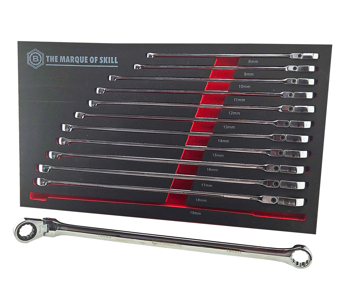 Flexi ratchet spanner set 8-19mm with long beam torque, EVA foam tray storage.