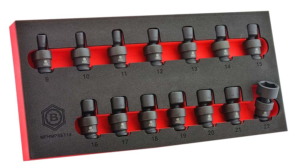 A Britool 14 piece swivel joint black impact socket set in a red and black EVA foam tray. Contains sizes 9 to 22mm.