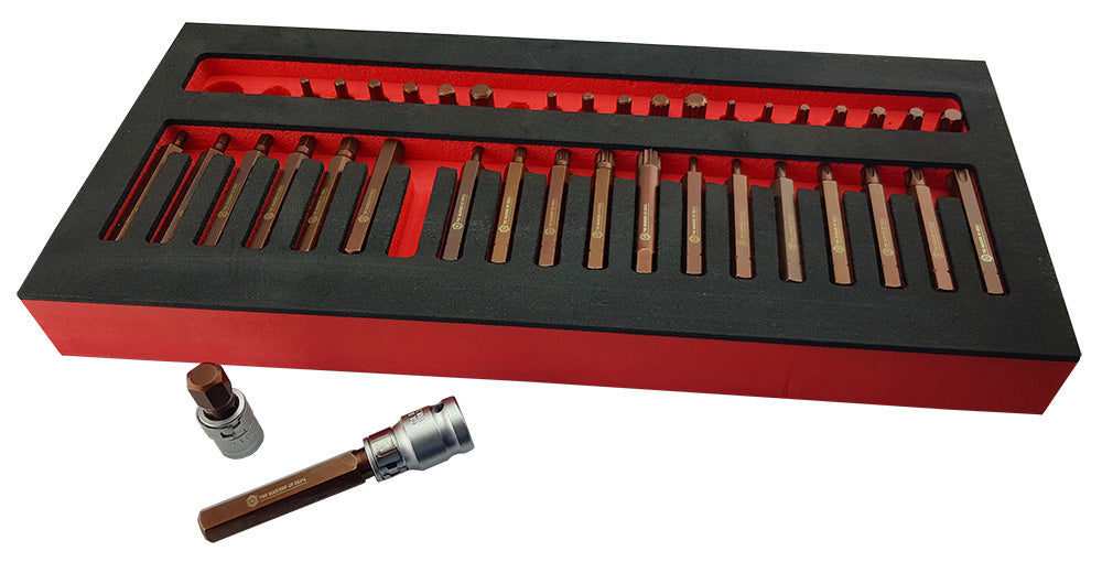 A set of 40 short and long hex, torx, spline bits with 3/8" and 1/2" bit holder sockets in a red & black EVA foam tray.