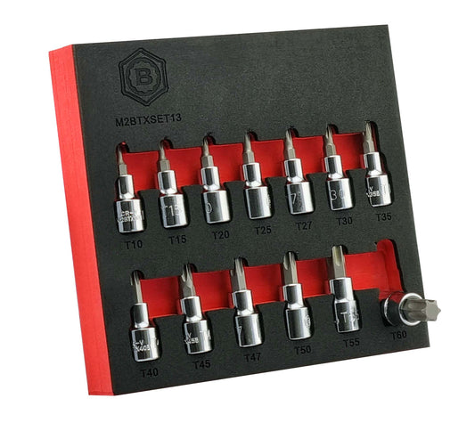 A Britool 13 piece torx star bit socket set. Contains 3/8" drive sizes T10 to T60. Presented in a red and black EVA foam tray for easy and secure storage.