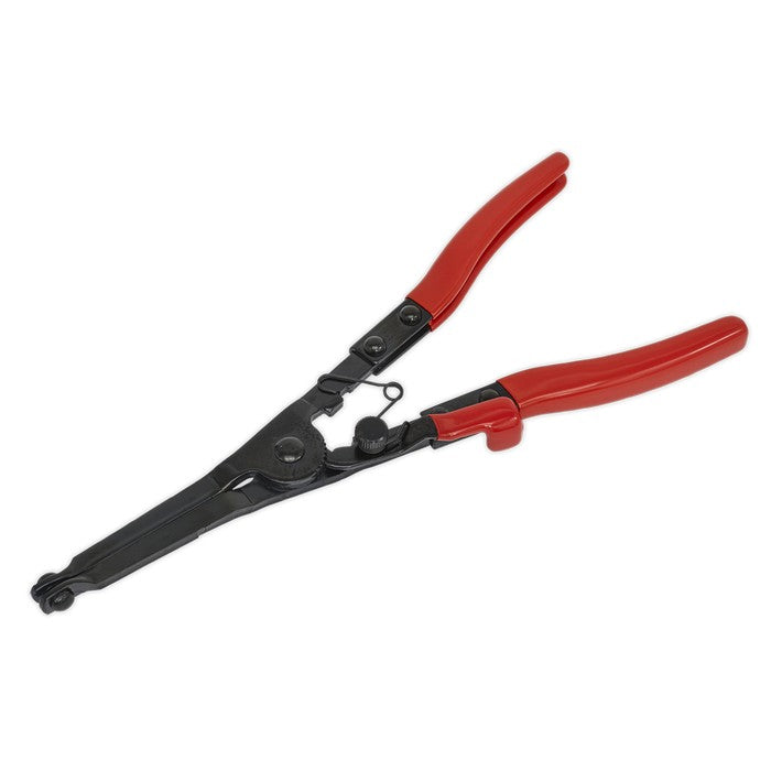 Exhaust and hose clamp pliers with comfort grip handles and self-locking mechanism, designed for easy removal of spring clips and exhaust clamps on Citroën, Peugeot, Renault, and other vehicles.