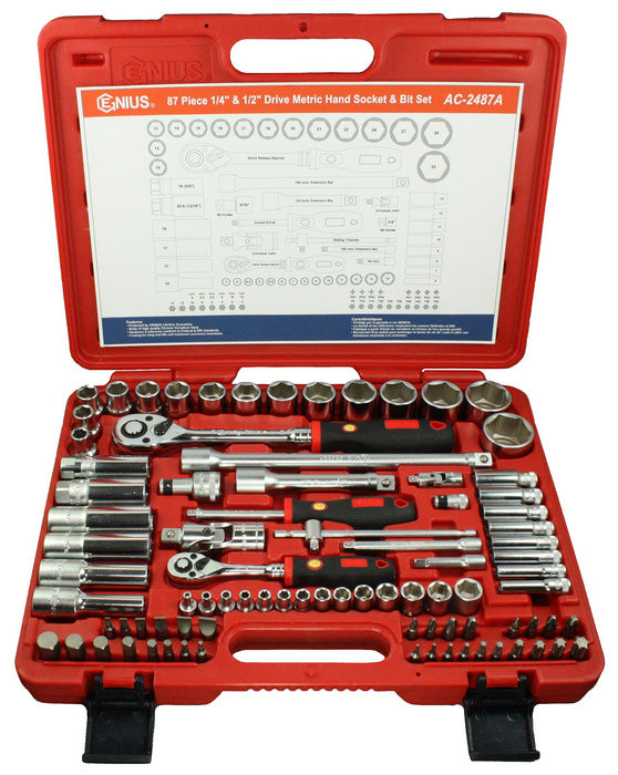 87PC 1/4" & 1/2" DRIVE SOCKET, RATCHET & ACCESSORY SET GENIUS TOOLS AC-2487A