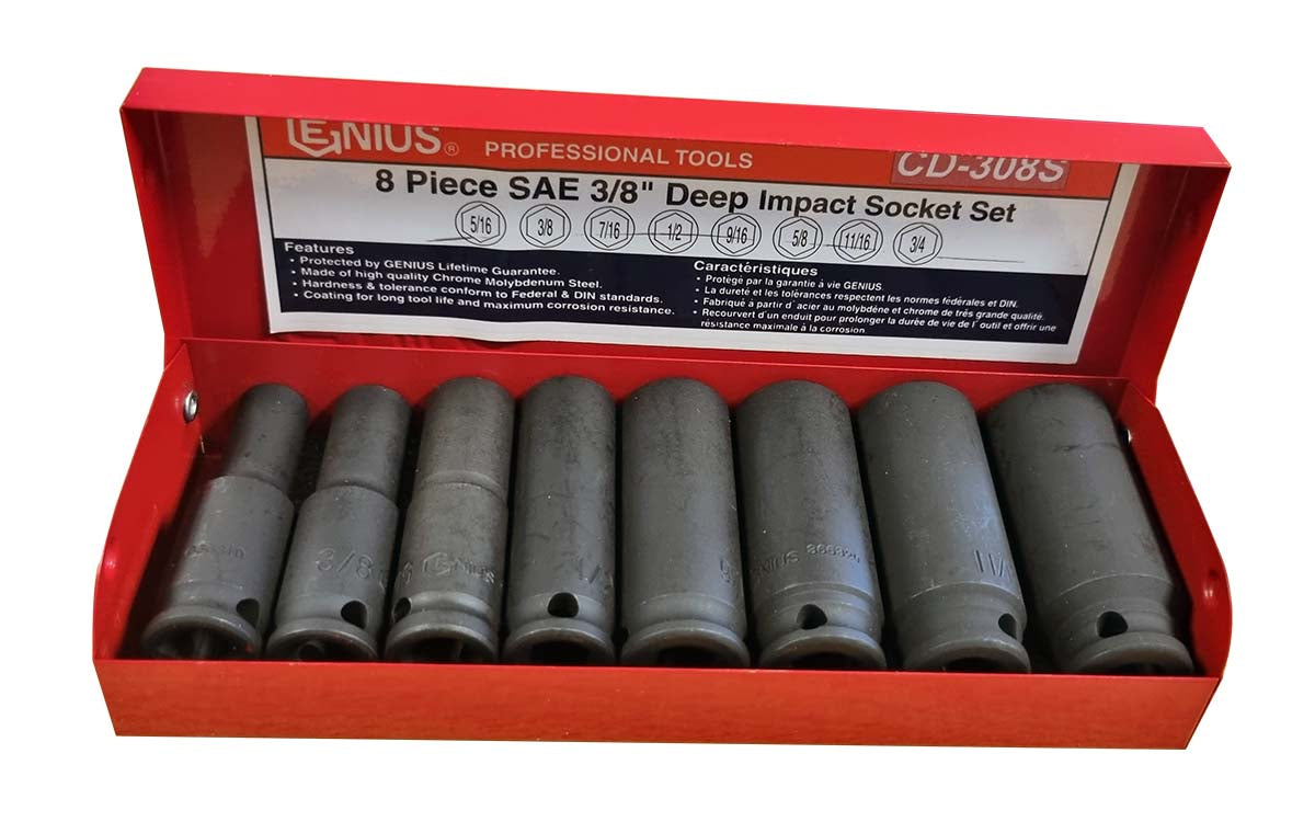 3/8" DRIVE AF DEEP IMPACT SOCKET SET 5/16" - 3/4" FROM GENIUS TOOLS