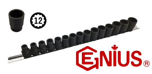 15PC 1/2" DR. METRIC THIN WALL IMPACT SOCKET SET (12-POINT) (CR-MO) GENIUS TOOLS GS-415M