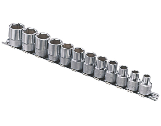A set of 12 1/2" drive chrome vanadium metric sockets supplied on a meta socket rail. Contains sizes 8 to 19mm.