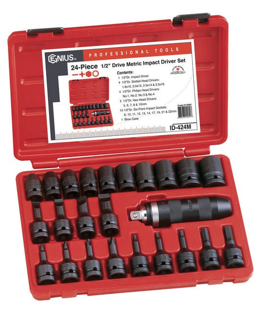 24pc impact screwdriver set with metric sockets, hex, slotted & Phillips bits in a red storage case.