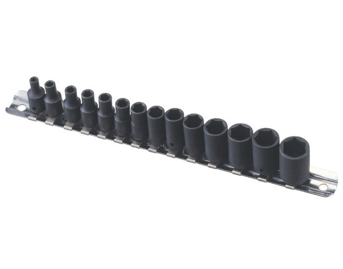 A set of black 1/4" drive impact sockets ranging from 3-14mm in size, displayed in a row with a metal socket rail.