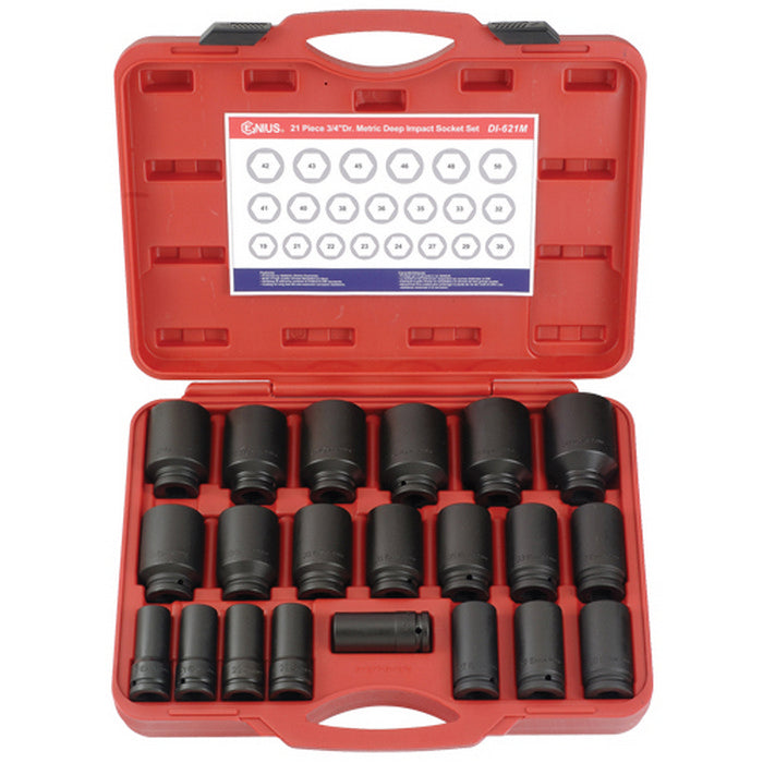 Red tool case with black 3/4" deep impact sockets on a white background.