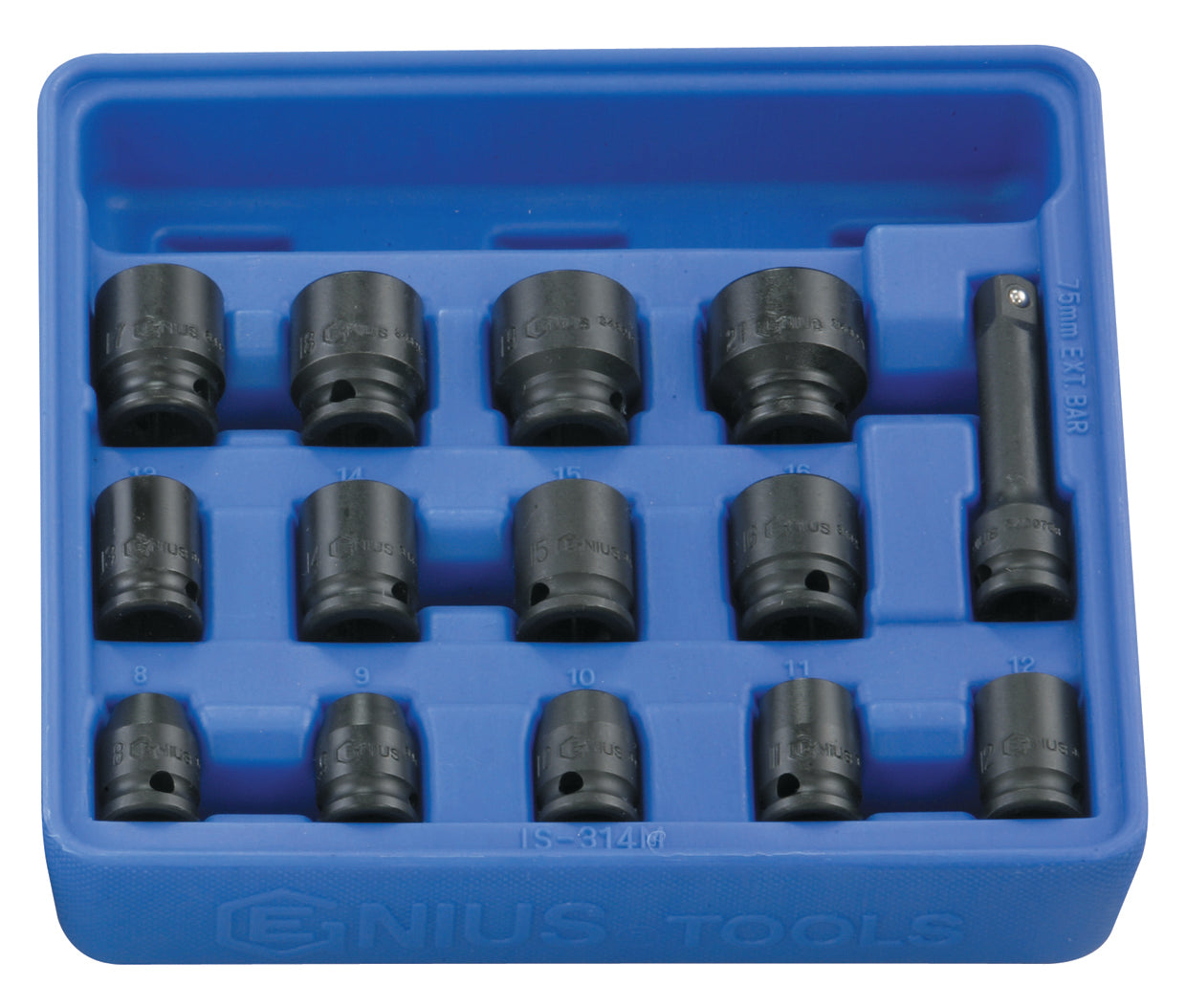 14-piece metric socket set (8-21mm) with 75mm extension bar, supplied in a blue plastic storage tray.