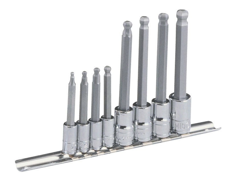 A set of 8 long ball-end hex bit sockets on a metal socket rail. Contains sizes 3 to 10mm.