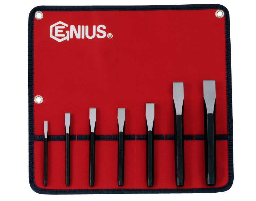 A set of seven flat chisels in various sizes, displayed in a red Genius Tools fabric wallet.