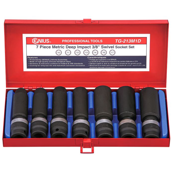7-piece metric deep swivel impact socket set in a red metal toolbox
