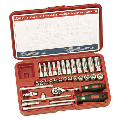 32-piece socket set with standard & deep sockets, extension bars, sliding T-handle, socket driver, universal joint & ratchet handle.