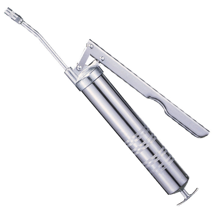 A manual pump action grease gun for applying grease to machinery.