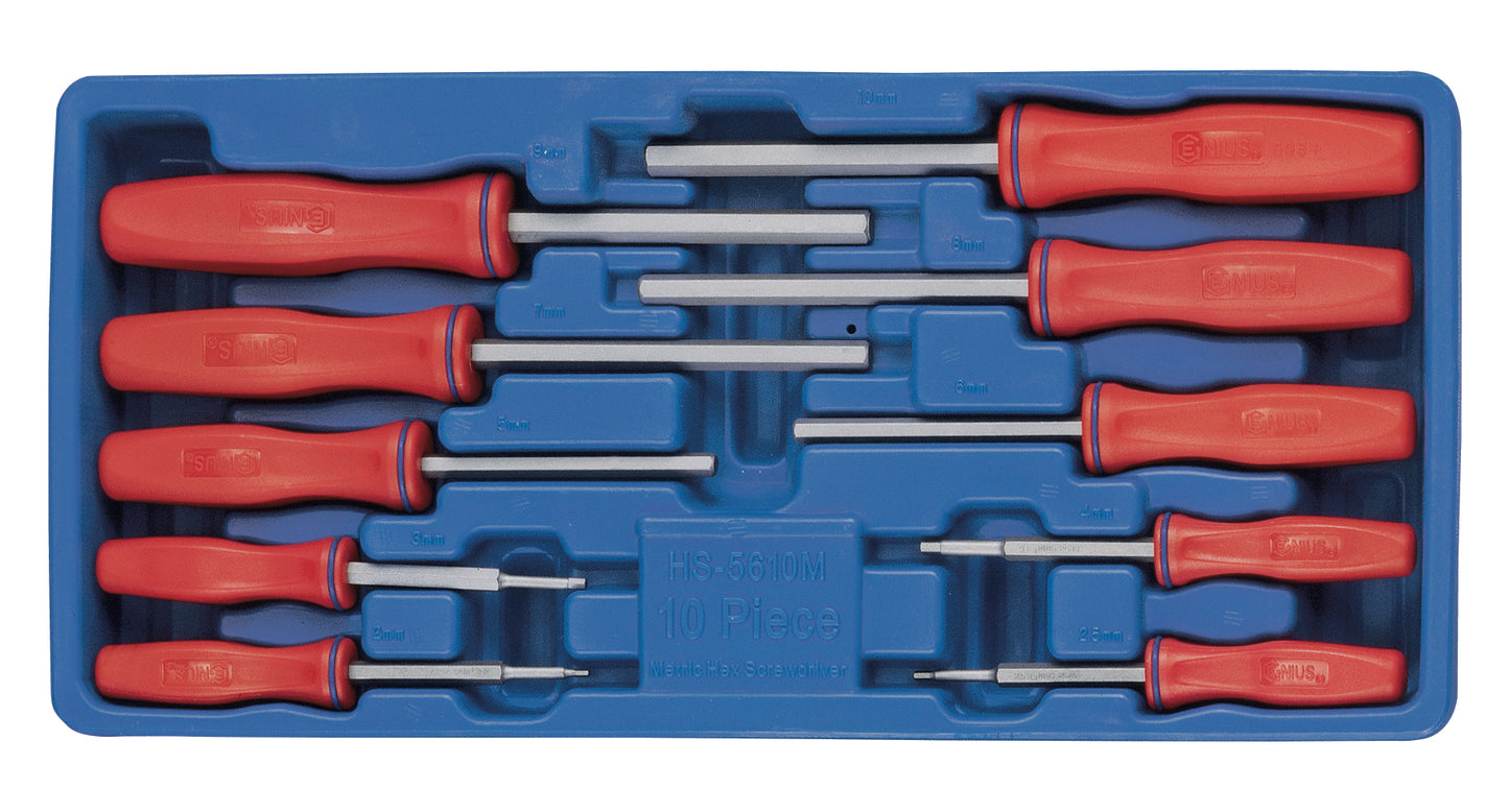 A set of 10 screwdrivers with hex allen key ends includes metric sizes 2 to 10mm. Supplied in blue plastic storage tray.