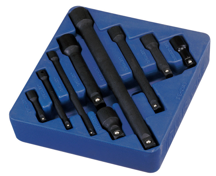 9pc black impact extension bar set with 1/4", 3/8", 1/2" drives in blue plastic tray.