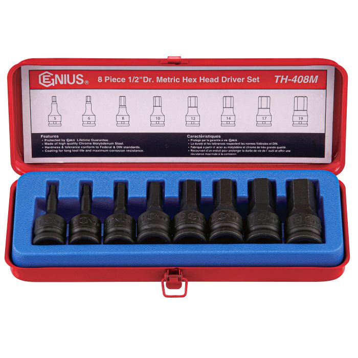8-piece metric hex head driver set in a red metal case. Includes sizes 5 to 19mm.