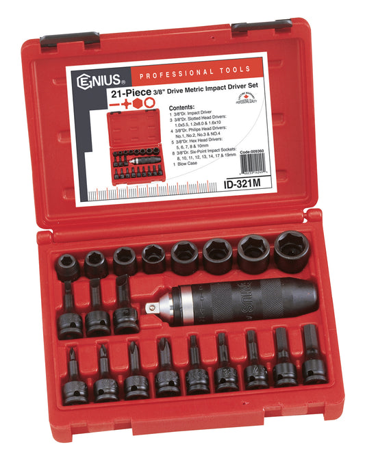 21pc impact screwdriver set with metric sockets, hex, slotted & Phillips bits in a red storage case.