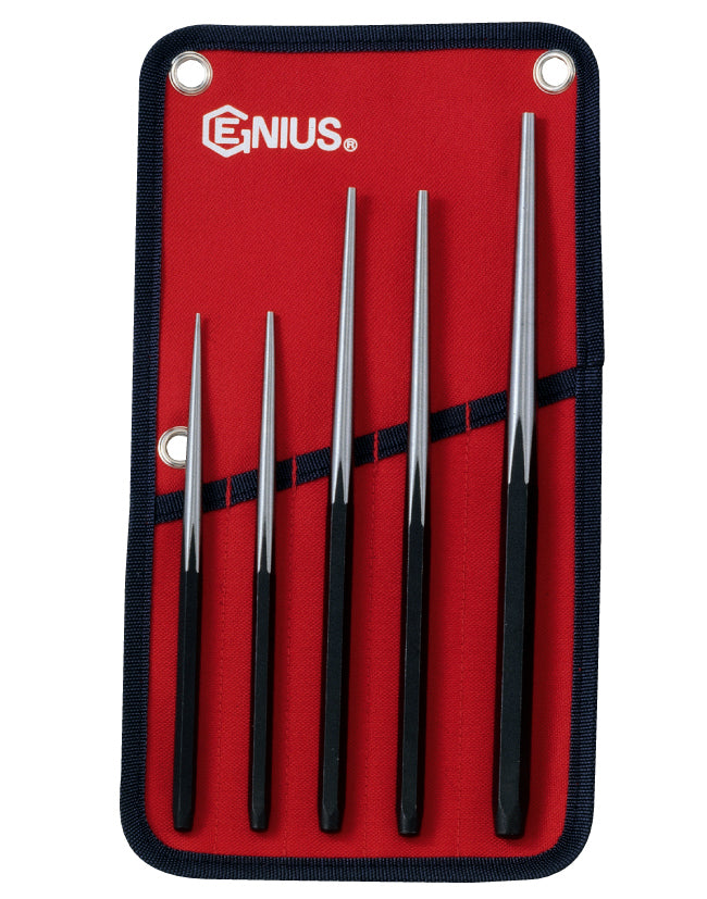 A set of 5 long taper punches with Genius Tools branding, displayed in a red and black fabric wallet.