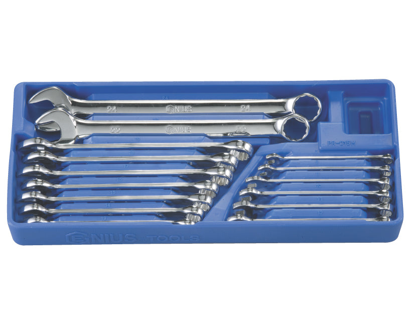 A set of Genius Tools combination spanner and wrenches in sizes 7-24mm, displayed in a blue plastic modular tray.