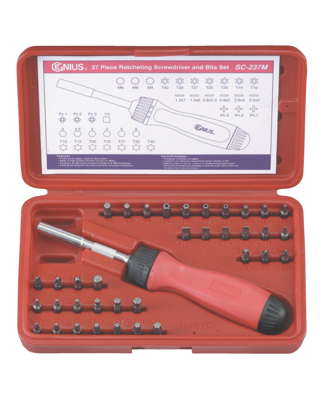 Genius 37-piece ratcheting screwdriver and bit set in a red plastic storage case.