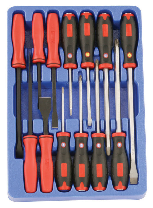 Hammer cap screwdrivers & scrapers in a durable blue plastic storage tray for professional and DIY use.