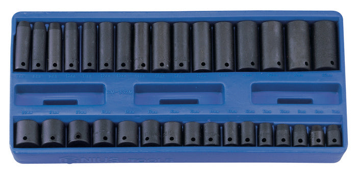 32 Piece Standard & Deep 3/8" Drive Impact Socket Set 7-22mm Cr-Mo Genius Tools Cm-332M