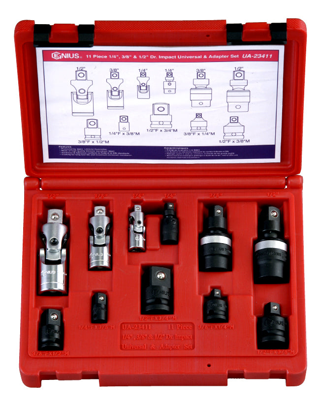 11Pc 1/4" , 3/8" & 1/2" Dr. Impact Universal & Adapter Set Genius Tools Ua-23411