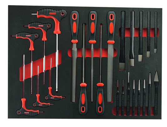 FOAM TRAY TOOL KIT INCLUDED T-HANDLE HEX KEYS, PUNCH & CHISELS & FILES