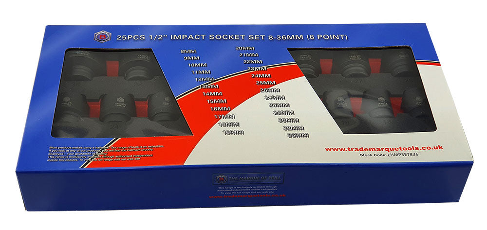 25Pc 1/2" Drive 6-Point Impact Socket Set, 8-36mm By Britool Hallmark