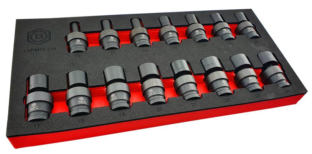 15PC 1/2" DRIVE FLEXI / UJ IMPACT SOCKET SET (6 POINT) 10-24MM BRITOOL HALLMARK