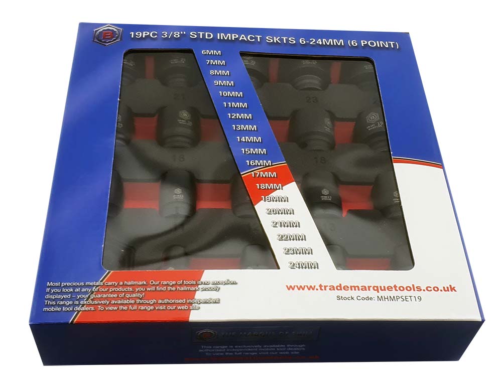 19Pc 3/8" Dr. Impact Socket Set, Hex/6-Point Profile - Britool Hallmark