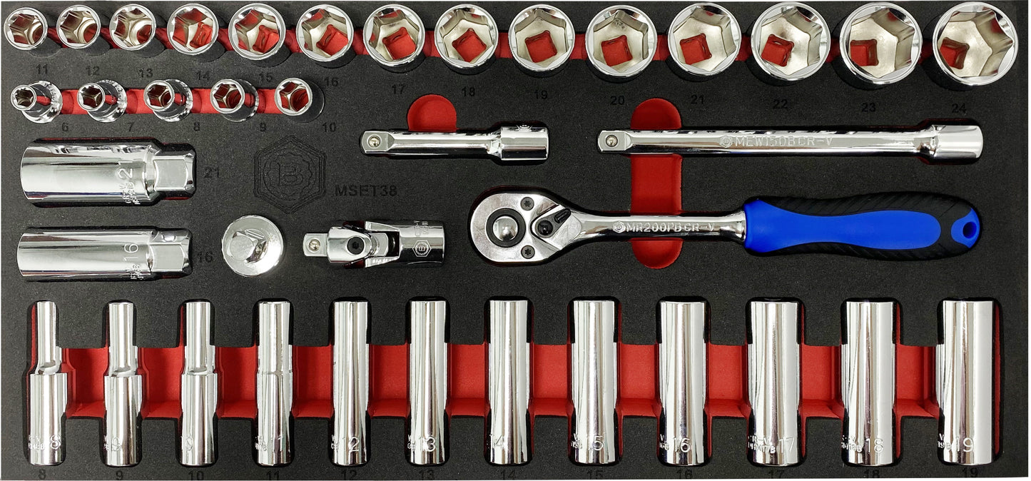 38PC 3/8" DRIVE SOCKET, RATCHET AND ACCESSORY SET FROM BRITOOL HALLMARK